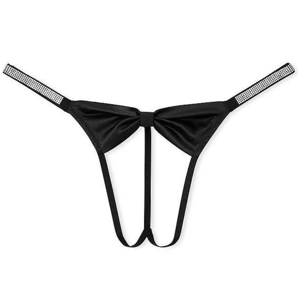 Victoria's Secret Very Sexy Shine Strap Satin Bow Crotchless V-String Black XS